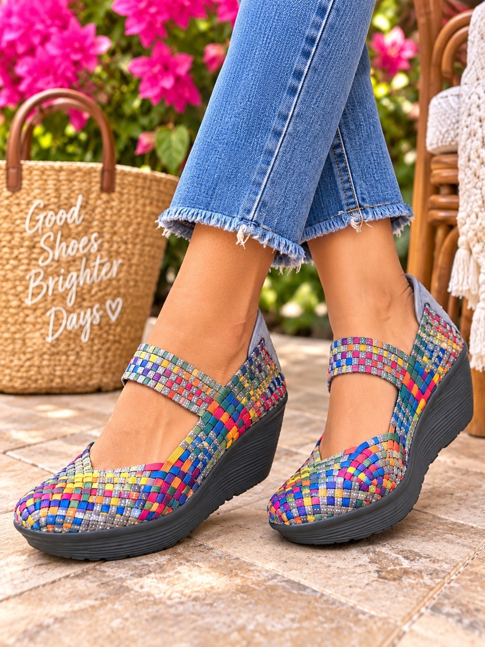 John’s Bay Multicolor Woven Mary Jane Wedge Shoes Women’s Size 10
